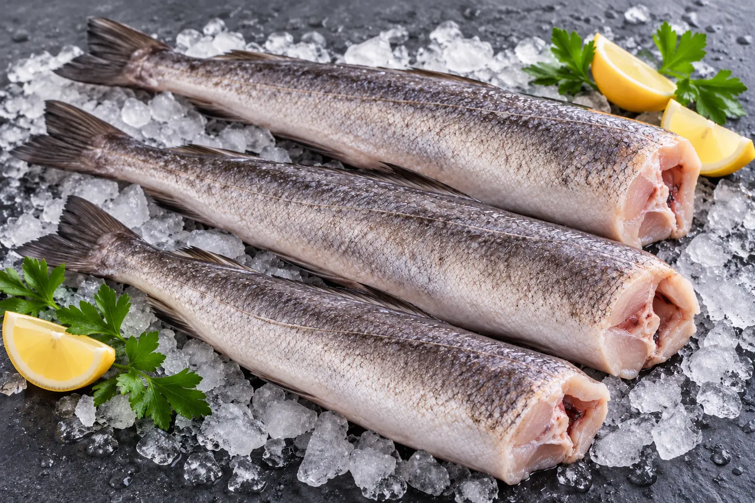 Fresh whole hake, gutted with heads removed